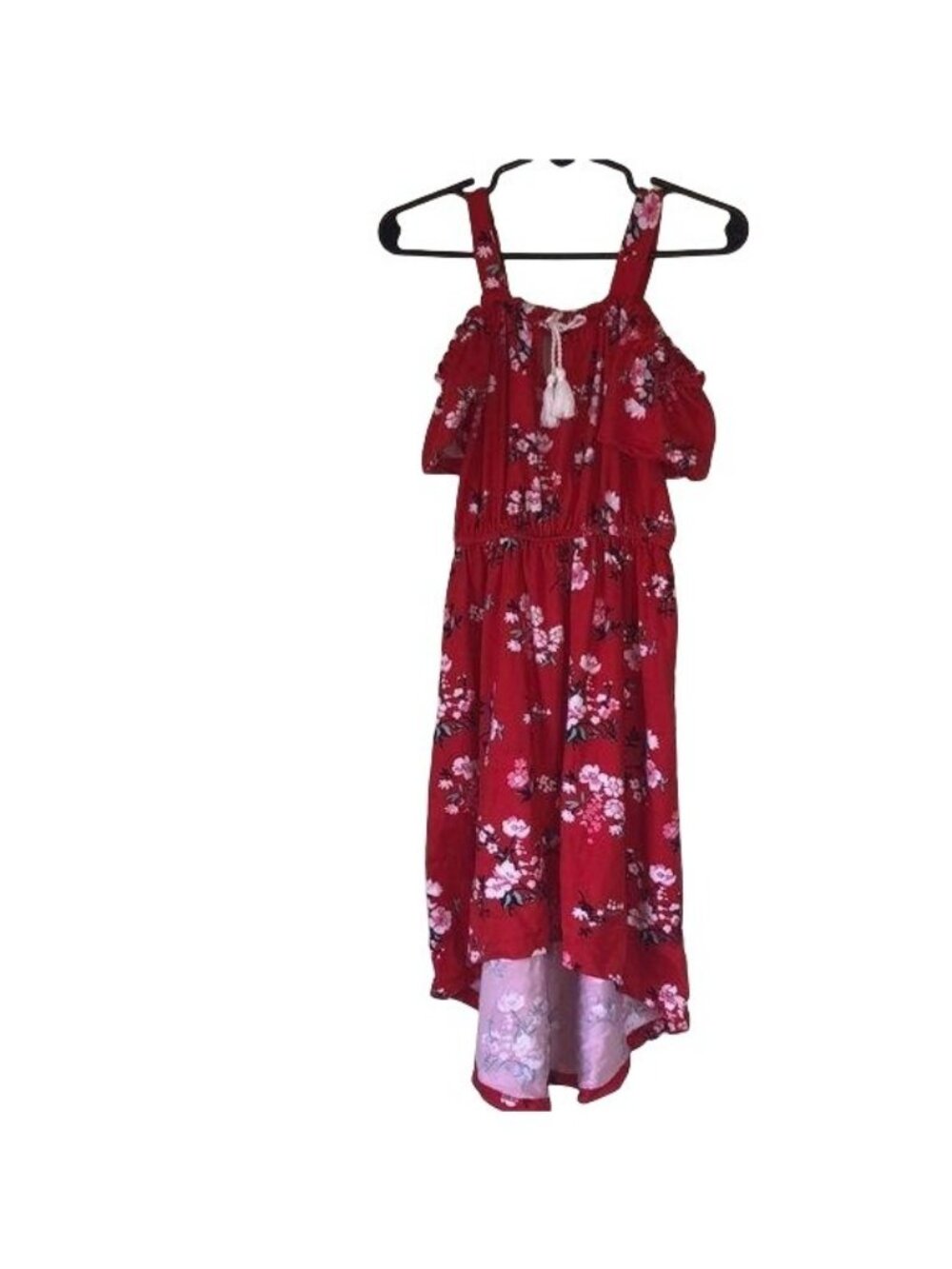 Red Floral Cold Shoulder Girls Dress With Ruffle Sleeves & High-Low Hem